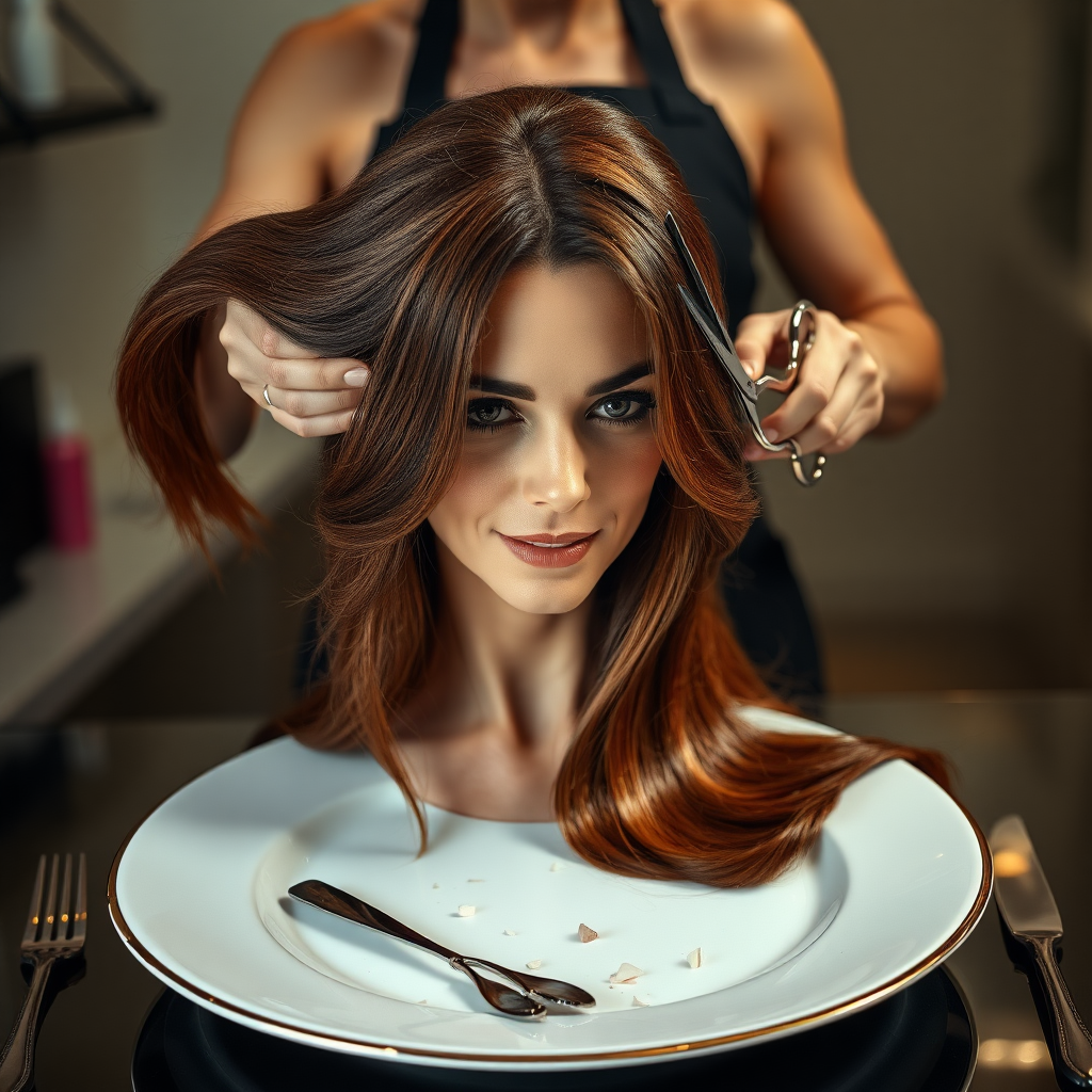 In a bizarre, surreal tableau, the polished surface of an elegant dining plate cradles the disembodied head of a strikingly beautiful Kate Middleton, her long, flowing hair cascading like a glossy waterfall of deep chestnut and honey highlights. The hair is luxuriously arranged, strands shimmering under the soft, ambient light that bathes the scene in an ethereal glow.

A skilled hairdresser, clad in a sleek black apron, stands poised with a pair of gleaming scissors, carefully trimming the endlessly luxurious locks that frame Kate's serene, almost ethereal features. The air is thick with the scent of salon products mingling with delicate hints of floral fragrances, creating an unusual yet strangely inviting atmosphere. The hairdresser's focused expression reveals a meticulous dedication as snippets of hair fall gracefully onto the pristine plate, echoing a sense of both artistry and absurdity.

The overall emotional tone conveys a dreamlike quality, inviting viewers to ponder the juxtaposition of beauty, identity, and the bizarre circumstances that bind them in this extraordinary moment.