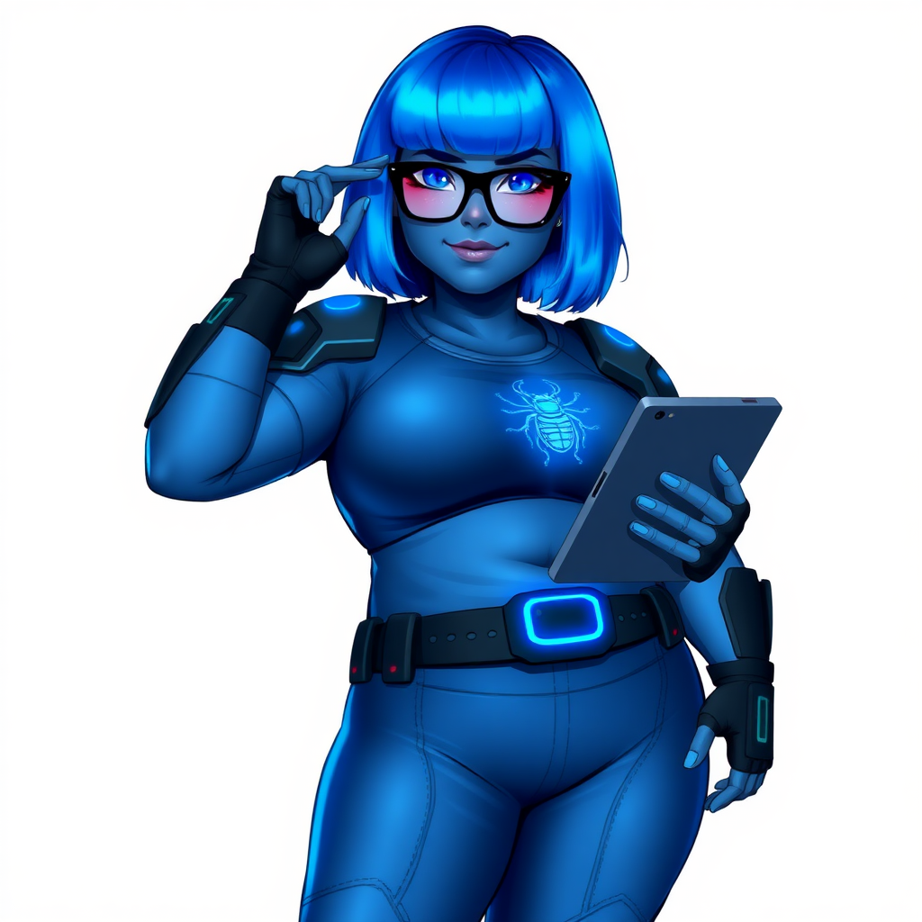 A 28-year-old, full-figured, metallic maximum blue (5PB 5/10) skinned computer program hybrid with a maximum blue bob cut. She has a non-athletic build, highlighted by a prominent, round, large midsection (with emphasis on her round large belly), which shows the effects of her love of junk food acquired from her boyfriend. As the full-figured, nerdy, digital sidekick to her cyberpunk vigilante boyfriend, her metallic maximum blue skin and maximum blue lipstick (5PB 5/12) emphasize her digital nature. Her skin has a subtle, animated glow, with digital patterns occasionally flickering across it, making her digital nature obvious. She wears a digital, computerized superhero costume, consisting of a massive, tight-fitting, maximum blue t-shirt (5PB 5/12) with a neon blue glowing chest icon of a beetle, hi-tech shoulder pads with neon blue accents, a black hi-tech belt with a digital neon blue glowing buckle, digital maximum blue biker pants (5PB 5/12) with neon blue accents, and black hi-tech fingerless biker gloves with neon blue glowing accents. Her neon blue glowing eyes, black eyeglasses with neon blue glowing lenses equipped with a built-in HUD, and bashful smile with neon red blush accentuate her nerdiness.

She stands with a shy, slightly hunched posture, one hand nervously adjusting her glasses while the other clutches a digital tablet close to her chest. Her pose reflects her intellectual curiosity and slight social awkwardness, much like Sci-Twi. Her costume covers all her skin and emphasizes her full-figured physique (especially her round belly). Despite her build, she radiates beauty. She has a slim face compared to her physique, accentuating her radiant beauty. She is on a solid white background. She is drawn as if she were in a retro 2D cyberpunk fighting game. Make sure her skin tone is distinct from Inside Out's Sadness or any other character.