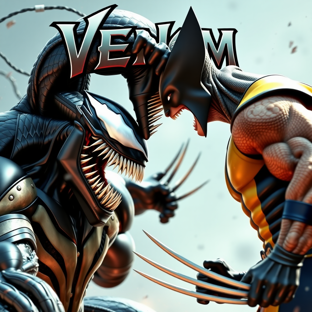 On a comic book cover is Venom Vs Wolverine in Cinematic Real3d photo-realistic quality.