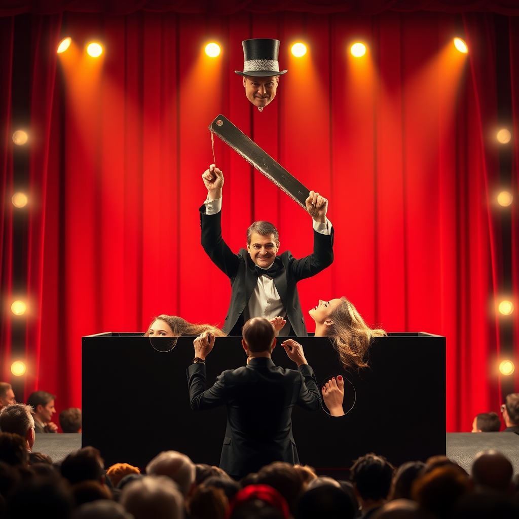 In a brightly lit stage adorned with velvety red curtains, a stunning woman with exceptionally long, flowing hair lies gracefully on her back inside a sleek black box. Her hair cascades like a shimmering waterfall, glistening under the spotlight and spilling over the edges of the box. The box, measuring approximately four feet in length, two feet in width, and one foot in height, appears both ordinary and enchanting. At one end, her head emerges through a neatly cut hole, her delicate features illuminated with a mix of anticipation and excitement. Her captivating green eyes sparkle with a hint of mischief as she gazes at the audience.

The other end of the box holds two more neat holes, her slender feet elegantly poking out, adorned with vibrant, painted toenails that catch the light. The air is thick with an electric buzz of curiosity as the audience leans forward in their seats, captivated by the unfolding spectacle.

At the center of the stage, a flamboyant magician, dressed in a classic black tuxedo and a top hat adorned with a shimmering band, prepares to perform his audacious trick. With a flourish, he raises a gleaming saw, its metallic surface reflecting the dazzling lights of the stage. His face is a mix of concentration and showmanship as he addresses the audience with a charming grin, promising a mind-bending illusion.

As he positions himself to saw through the box, tension hangs in the air, mingled with the faint scent of sawdust and excitement. The crowd gasps collectively, a mixture of awe and disbelief filling the atmosphere as the magician skillfully begins to slice through the box. The scene is alive with suspense, the rhythm of the saw cutting through wood punctuating the silence, eliciting an audible reaction from the entranced audience.