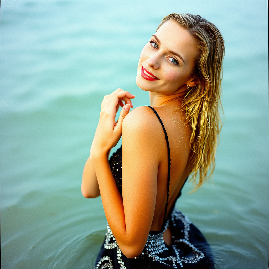 a twentysomething soaking wet woman, with seductive eyes and blonde wet hair posing for photos, standing in a the sea.. She is wearing a soaking wet black and silver sequinned low cut prom dress, She wears lipstick, has a slight smile, has her head tilted back partially with her hands in the water. She looks over her shoulder at the camera. Her hair is dripping wet. Image taken in 2005, is messy, lo-fi, hyperrealistic photograph from a fujifilm disposable camera. 320p resolution.