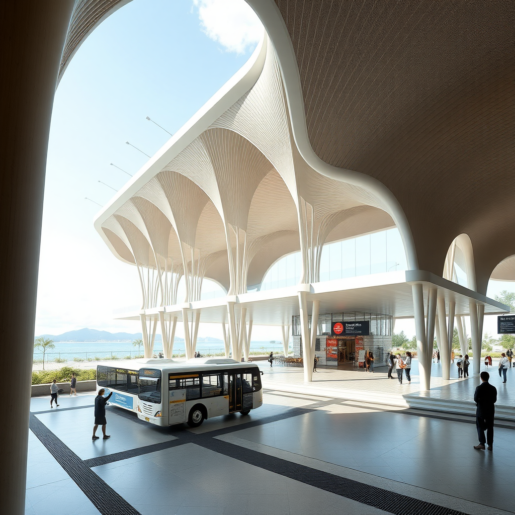 Concept design of a bus terminal inspired by Sendai Mediatheque 
Architect: Toyo Ito with stilt floor and staggered flooring with 2 storey structure bus terminal should be open, fluid, public space with commercial space the bus terminal has beach in west side. architecture structural form.