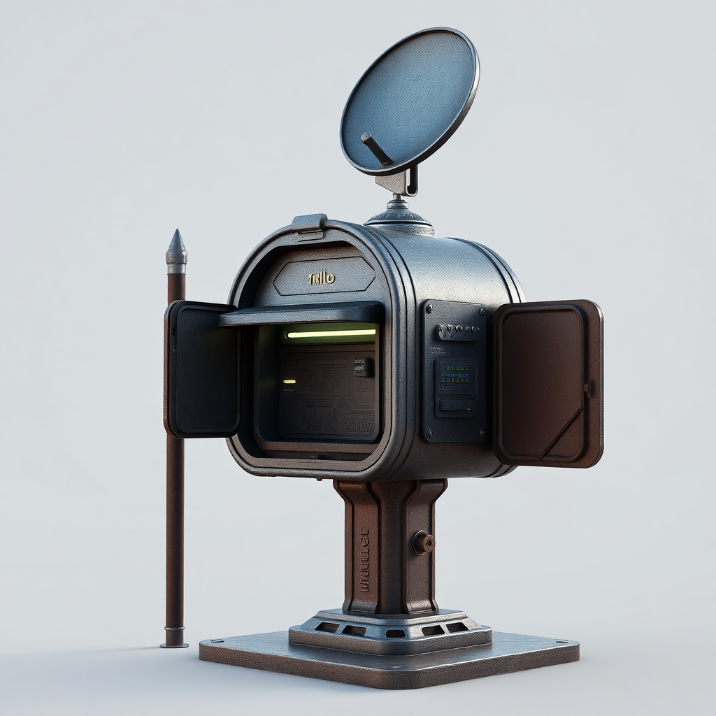 A full shot image of a stand, 3D model in Unreal Engine of a sci-fi interdimensional mailbox with an open door, on the side of it is a pole with a satellite dish on top. Small lights and buttons on the mailbox. Super rustic, futuristic.