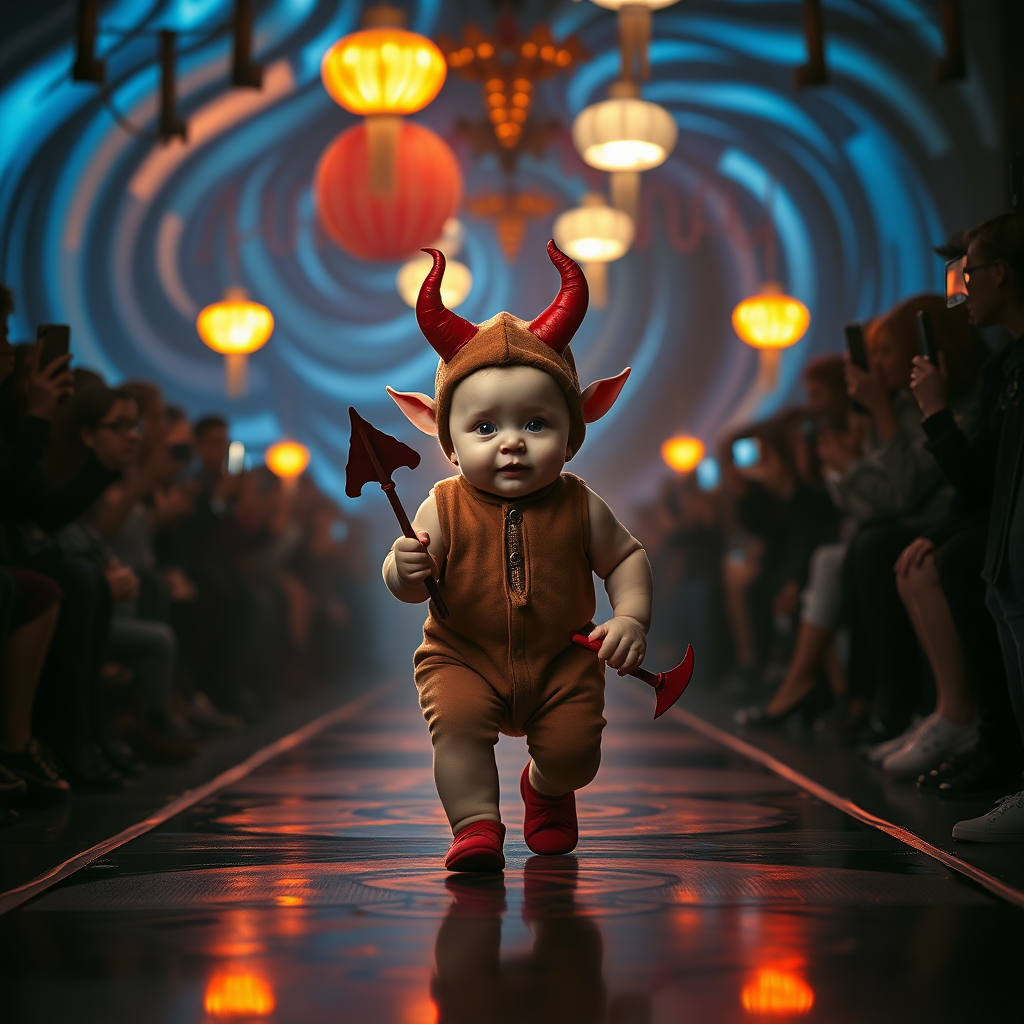 Create an eerie yet captivating scene featuring a small, 7-month-old chubby baby-like devil with pink lips, pink cheeks, and fair color, walking confidently down a dark runway, surrounded by spectators. The devil wears a costume romper, and the cap has red horns, holding a sharp stick.

The background features swirling, abstract light patterns in blue, orange, and yellow hues, creating a surreal and unsettling atmosphere. The audience, dimly lit on either side, holds up their phones and cameras to capture the moment, but their faces are mostly obscured in the shadow, adding to the mysterious mood. Overhead, several more colorful lights and hanging decorations give a circus-like vibe, but the overall tone is more eerie than playful. The ground is wet, reflecting the lights above, creating a sense of depth and texture, adding to the haunting atmosphere.