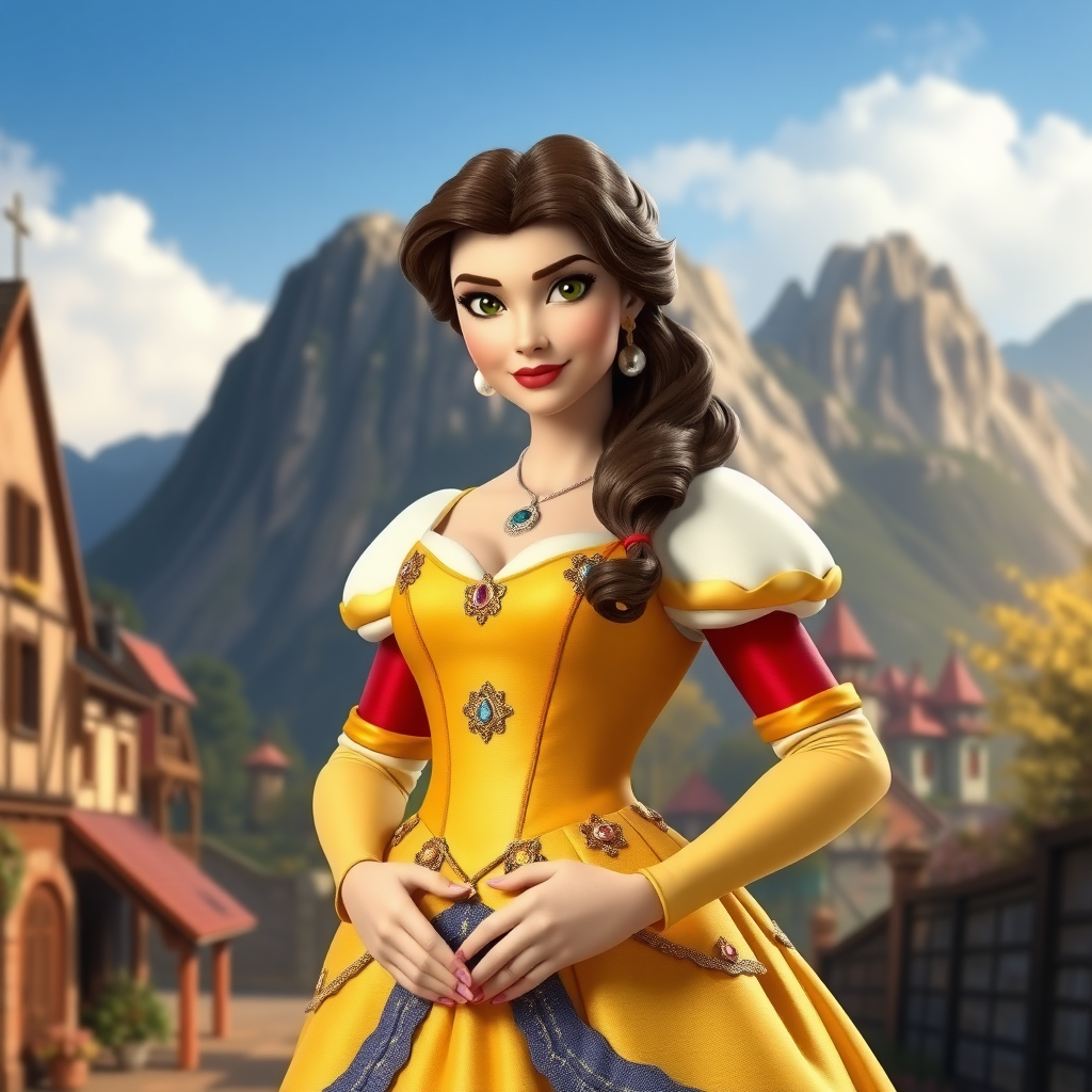 Generate a full-length rendered image featuring Belle using Gaston’s male body. Retain Belle’s head, hairstyle, and facial features. Adapt her costume by incorporating embellishments from Gaston’s attire, adjusting it to fit the new proportions. Design a background inspired by both characters, merging elements from the charming village and the rugged wilderness. Ensure the overall composition showcases a seamless blend of femininity and masculinity, while reflecting the essence of the original characters.