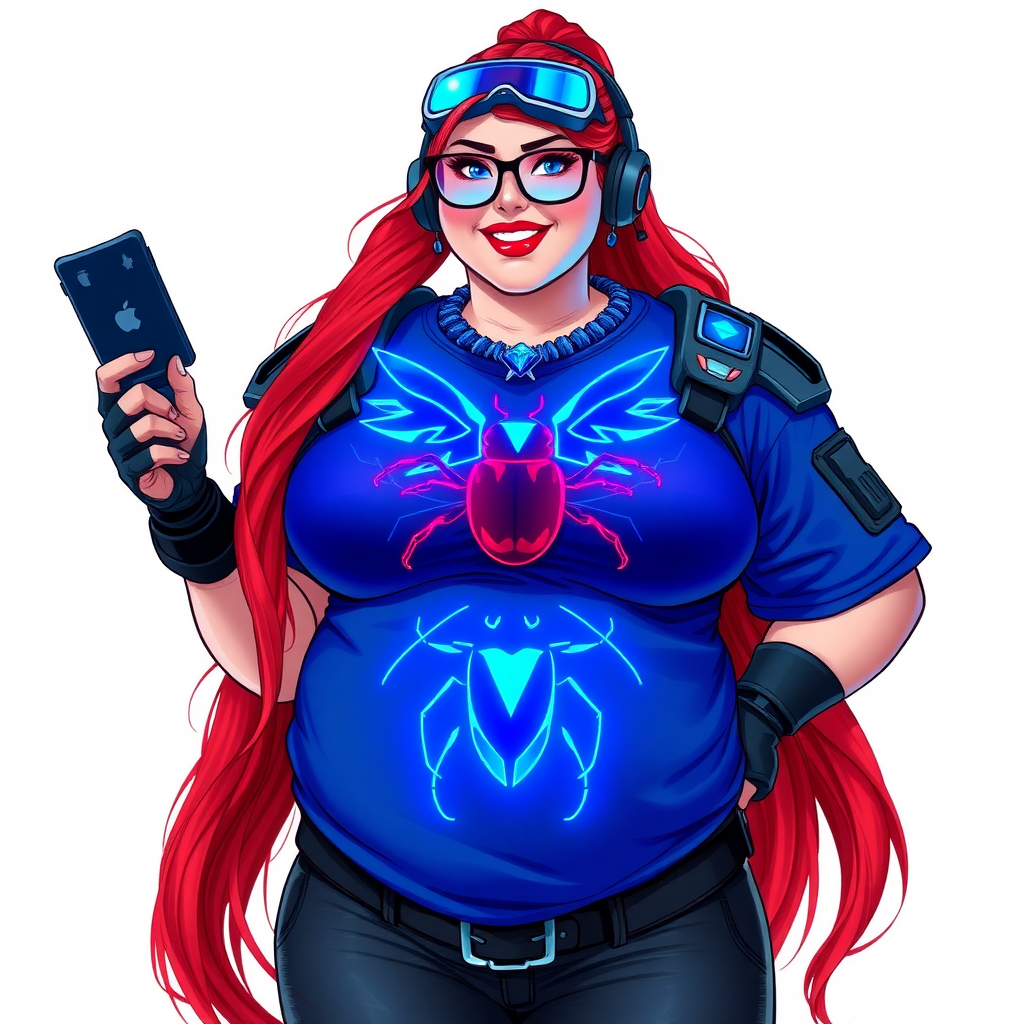 A cyberpunk vigilante’s full-figured intelligent and tech-savvy 29-year-old girlfriend, who is a computer hacker and tech genius. She has a long ruby red ponytail and bright blue eyes. She wears a sapphire beetle gemstone necklace, and an armored, oversized, Maximum Blue (RGB 71, 171, 204) t-shirt featuring a giant neon blue glowing chest icon of a winged beetle. She has a full-figured physique with a prominent, gargantuan, round midsection, reflecting her well-cared-for lifestyle. The midsection is heavily emphasized. She sports a sapphire headset with hi-tech Maximum Blue (RGB 71, 171, 204) lensed HUD visor, Maximum Blue (RGB 71, 171, 204) lipstick, black eyeglasses, and a beaming smile with a passionate bright red blush. Despite her figure and a lack of self-esteem, she radiates an air of beauty. She has an angular face which contributes to her radiant beauty. She serves as his tech expert from his hideout, holding a holographic tablet and a hi-tech tool wrench. The background is solid white. She is drawn as if she was in a retro 2D cyberpunk fighting game.