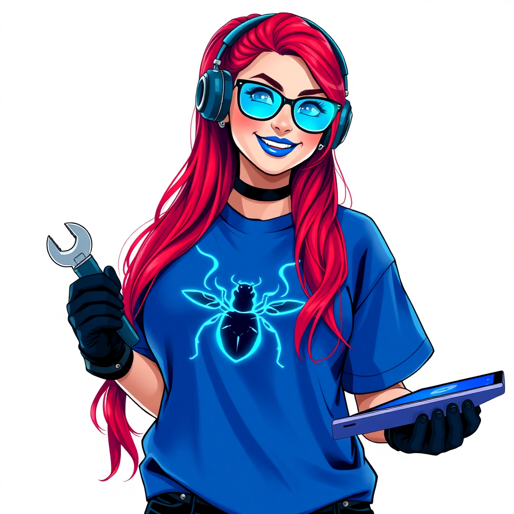 An intelligent and tech-savvy 28-year-old computer hacker and tech genius. She has a long ruby red ponytail. She wears maximum blue lipstick, blue eyes, a sapphire beetle gemstone necklace, sapphire earrings, black eyeglasses, hi-tech power gloves, and an oversized maximum blue t-shirt featuring a neon blue glowing beetle chest icon. She has a full-figured physique with a prominent round gargantuan midsection, reflecting her well-cared-for lifestyle. She sports a sapphire headset with a hi-tech maximum turquoise lensed HUD, and a beaming smile accentuated by a passionate neon red blush. She serves as his tech expert from his hideout, holding a futuristic tool wrench and a futuristic digital tablet. The background is solid white. She is drawn as if she was in a retro 2D cyberpunk fighting game.