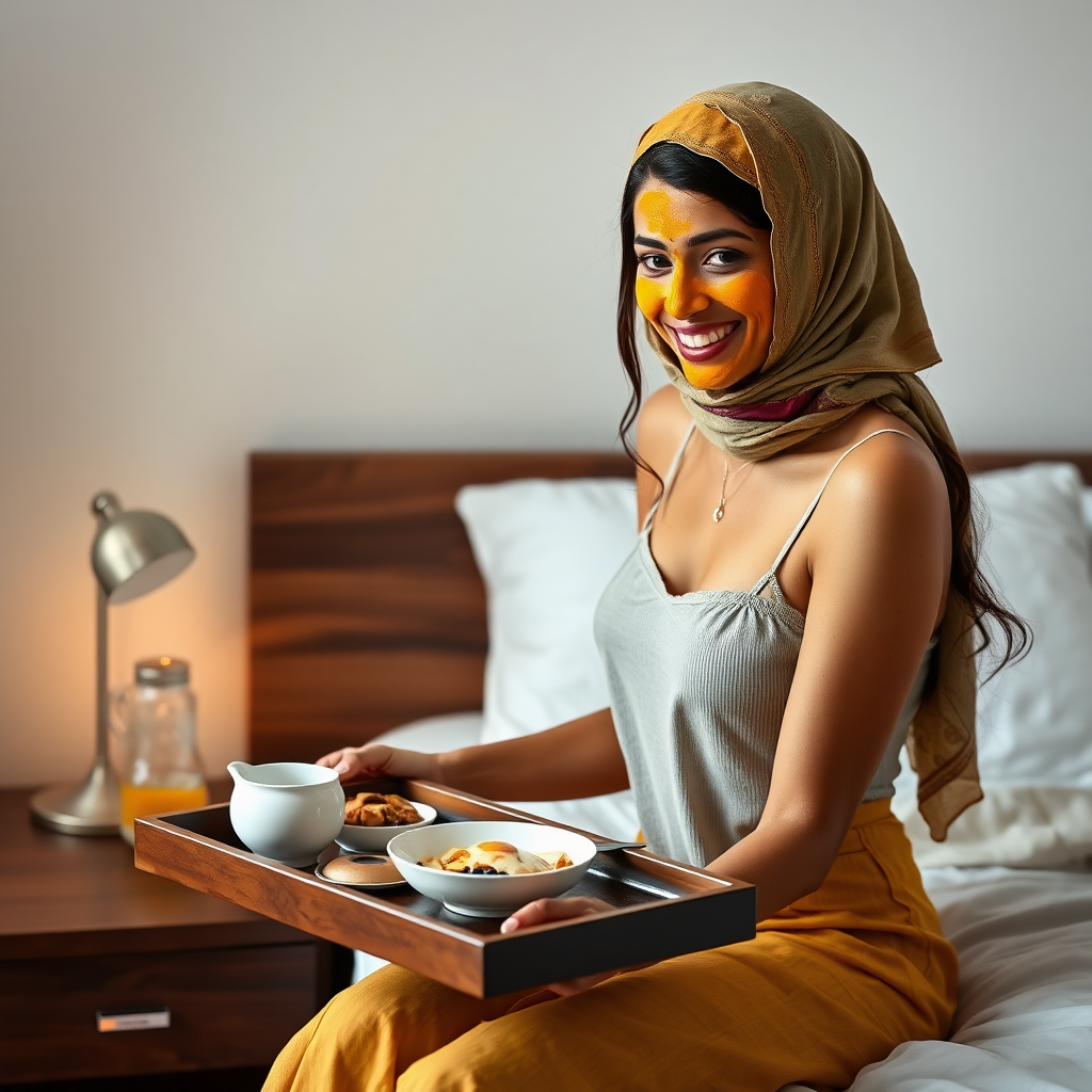 slim, 30 year old, sexy, indian wife, scarf head, turmeric face mask. She is smiling and serving breakfast on a tray on bedside table