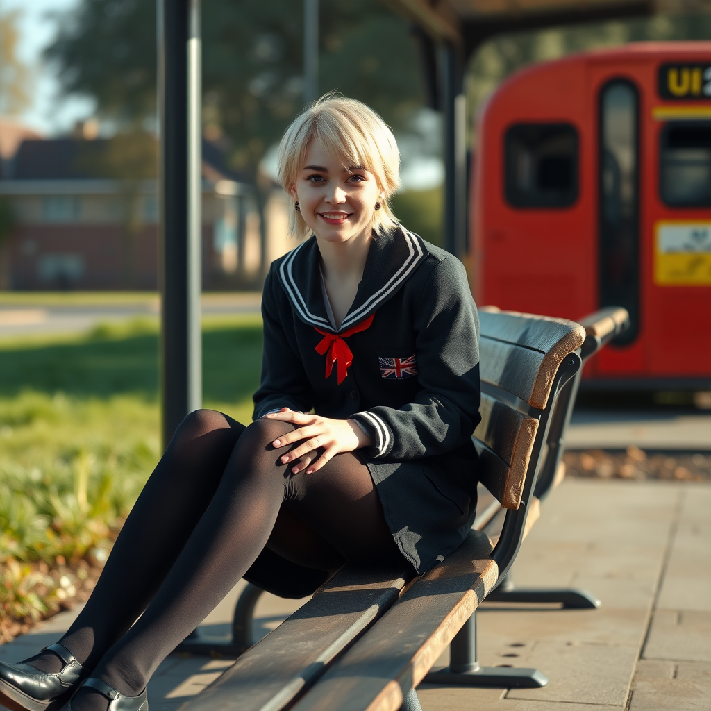 photorealistic, ultra high resolution, 16K, surreal fantasy, soft studio lighting, a pretty 18 year old goth male, slim male physique, short blonde hair, goth makeup, earrings, shiny black pantyhose, UK girls-school uniform, Mary-Jane shoes, sitting on a bench waiting for the school bus, in daylight, excited smile, facing the camera.