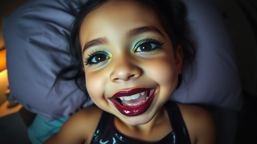 four-year-old-latina-female-child that has extremely big lips.
She is wearing intense-green-glitter-eyeshadow, thick-winged-eyeliner with very-dramatic-eyeliner-wings, and dark-burgundy-glossy-lipstick.
She is wearing a tight-glossy-latex-sleeveless-crop.
She is happy.
Fish-eye-lens, laying in a dark motel room, amateur flash photography.