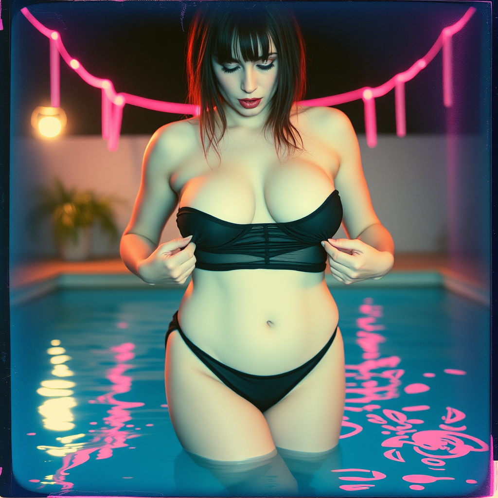 old polaroid photo with heavy vignetting and pink and blue artistic studio lighting color tint and light leak, depicting a sexy curvy thicc pale white alt goth girl with eye makeup, pulling down her tiny revealing black see thru bikini gstring thong, standing in a pool