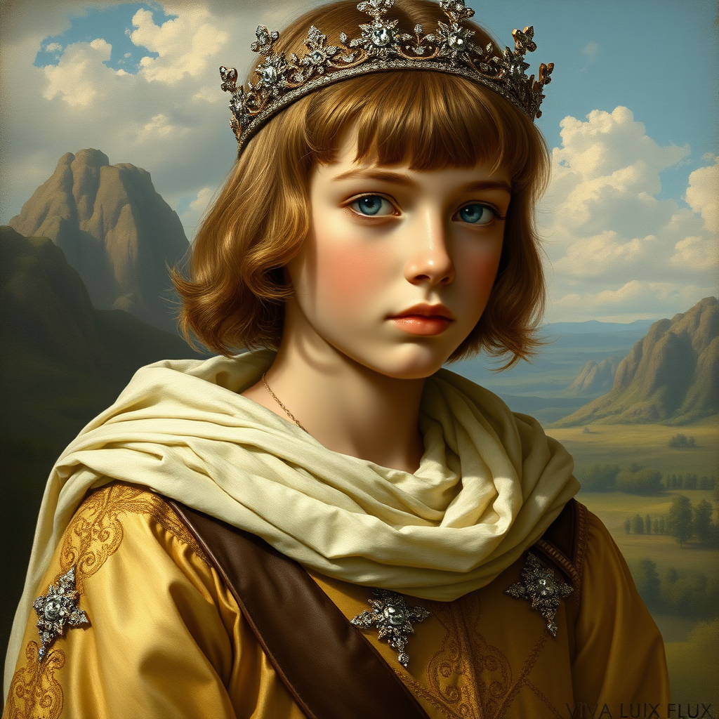 16yo teen boy prince, long bob cut, embroidered with gold and diamonds medieval cloths, diamond diadem, natural Skin Texture, and Beautiful War. Free style by 20% Adolphe William Bouguereau, Academic realism and 20% Sandro Botticelli, early Renaissance and 60% Otto Lomüller, Boy Scout photorealism. The background is in the style of landscape style by Antonio del Polaiolo, Generating the signature at the bottom : Viva FLUX and Rombach, ultra high resolution, 16K,