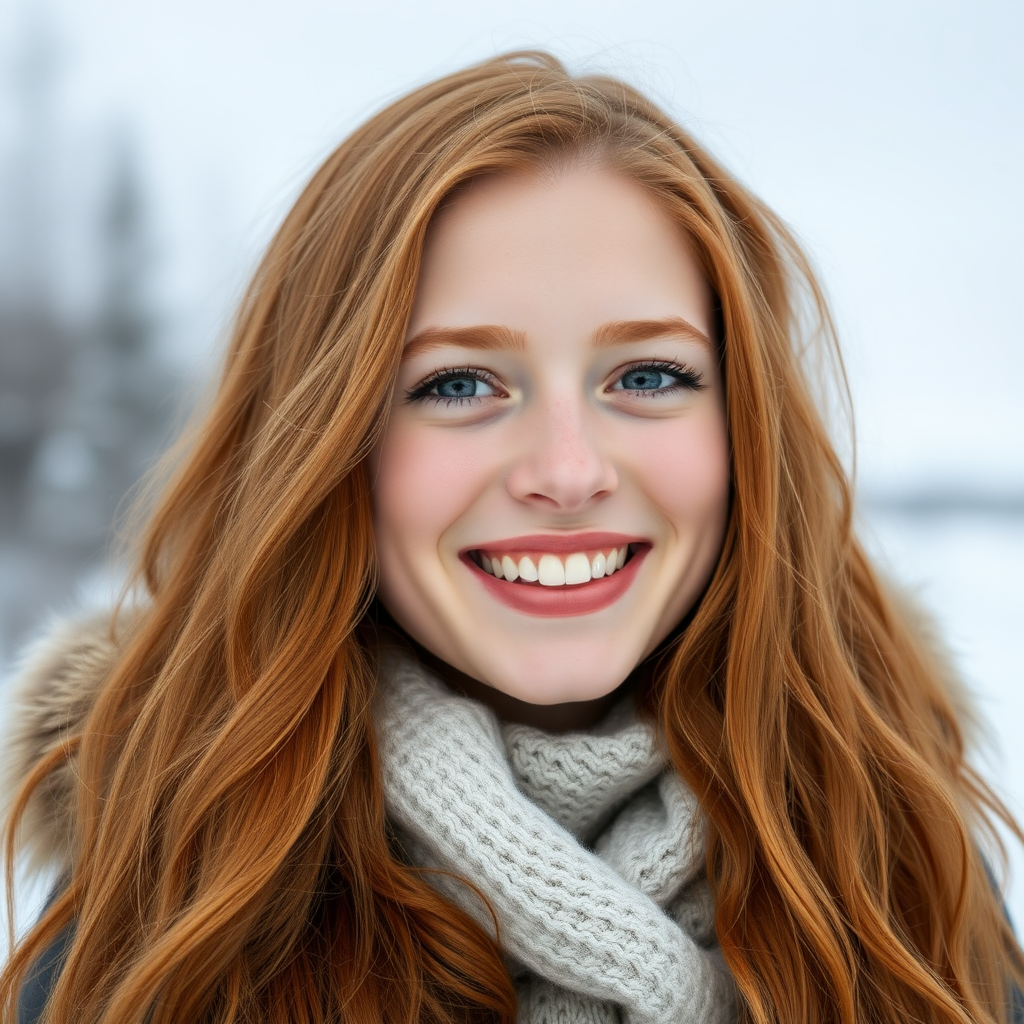 beautiful young woman with lush ginger long hair, full lips, pale skin, on Alaska during winter smiles