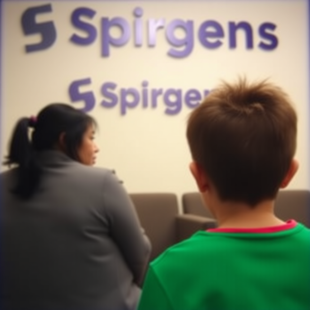 An amateur photograph, taken from behind a child. The child is sitting down. A female counsellor is sitting behind the child. The counsellor is east Asian. The child is English. The child and the counsellor are engaged in conversation. Underexposed. Noisy. The Spurgeons logo is on the wall.