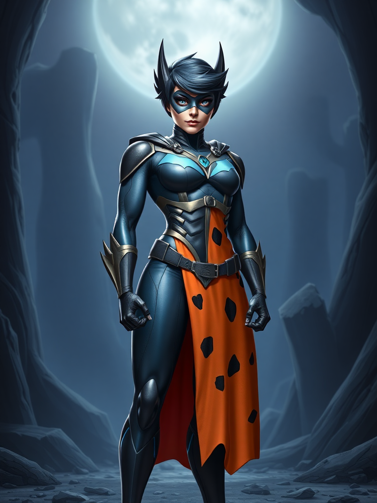 Full-length rendered image of Nightwing, incorporating Wilma Flintstone's physique while retaining Nightwing's head, iconic hairstyle, and distinct facial features. The costume should be primarily Nightwing's, but seamlessly integrate embellishments from Wilma Flintstone's attire, adjusting for the new proportions. The background should be a cohesive blend of elements drawn from both Nightwing and Wilma Flintstone's respective universes, creating a harmonious fusion.  