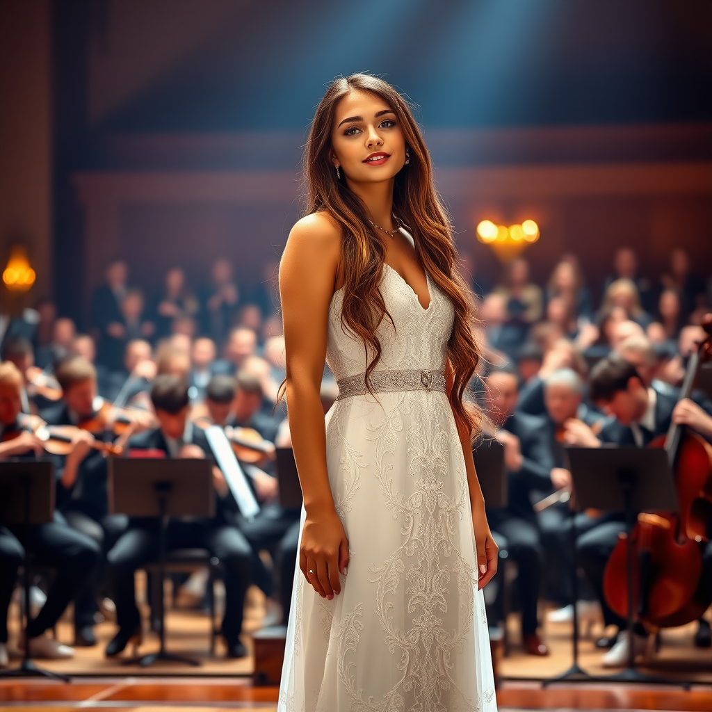 a young woman singing. a large orchestra in background. she stands in the middle of the stage. long brunette hair with highlights falling to her shoulders, bright blue eyes. suntanned skin. small lips colored pale rose. wearing an elegant long white dress with transparent lace and white pumps. fine neglace and a braklet. photo from some distance.