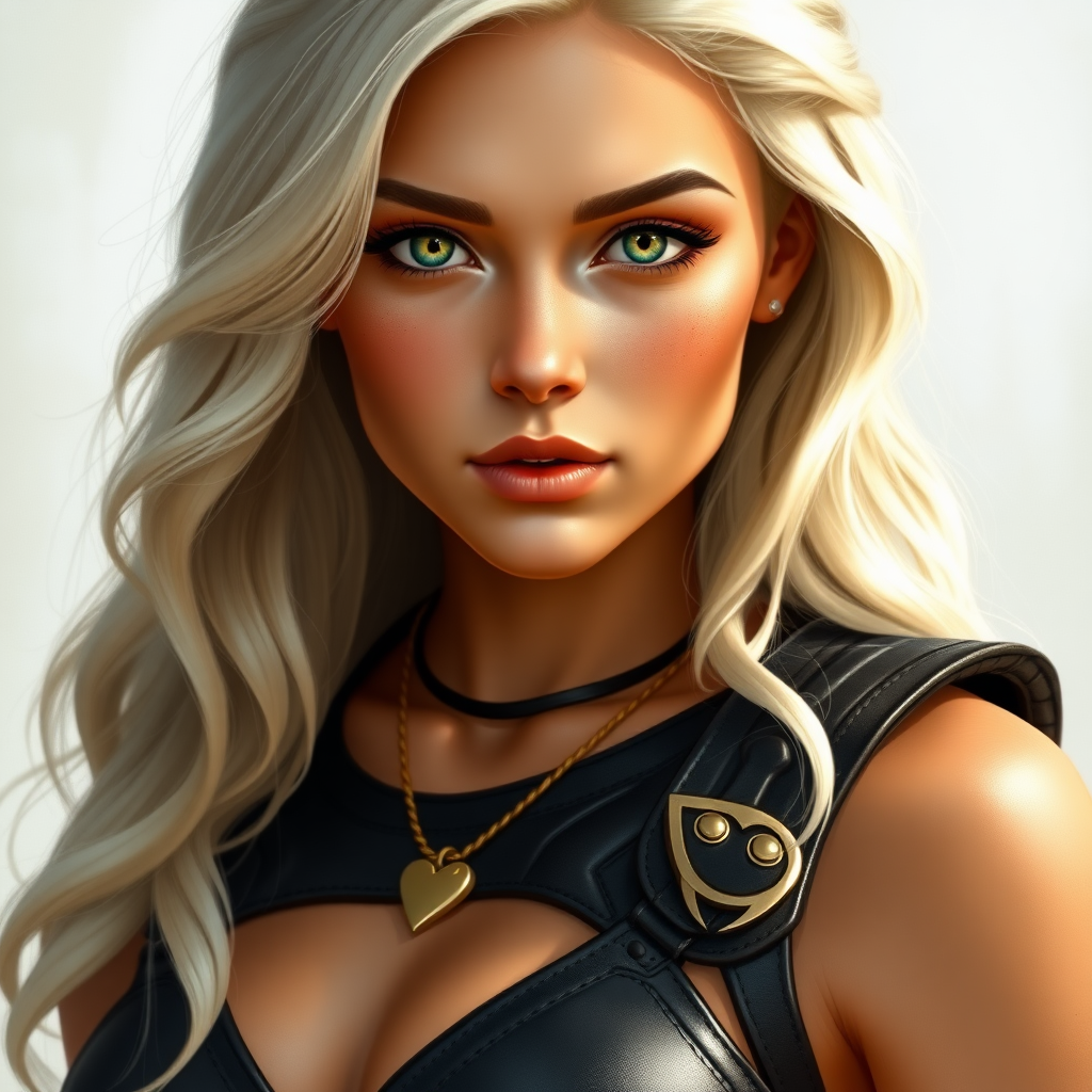 Portrait of a beautiful young woman with long wavy platinum blonde hair, green eyes, a suntan, large breasts, and light brown eyebrows. She is wearing black leather armor and a gold necklace with a small heart pendant.