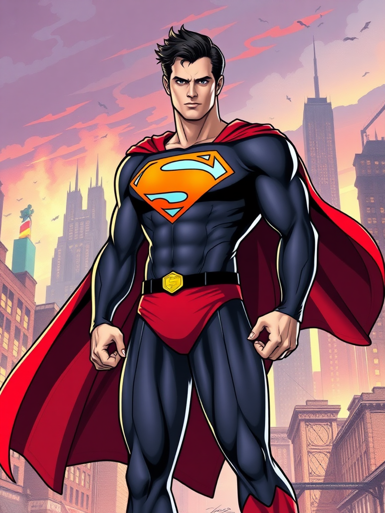 Create a full-length image of Superman with the body type of Juliet Starling while keeping his original head intact. Adjust his silhouette to reflect Juliet's proportions, emphasizing a dynamic pose. Design a background that blends elements appropriate for both Superman's Metropolis and Juliet's vibrant, action-packed world.