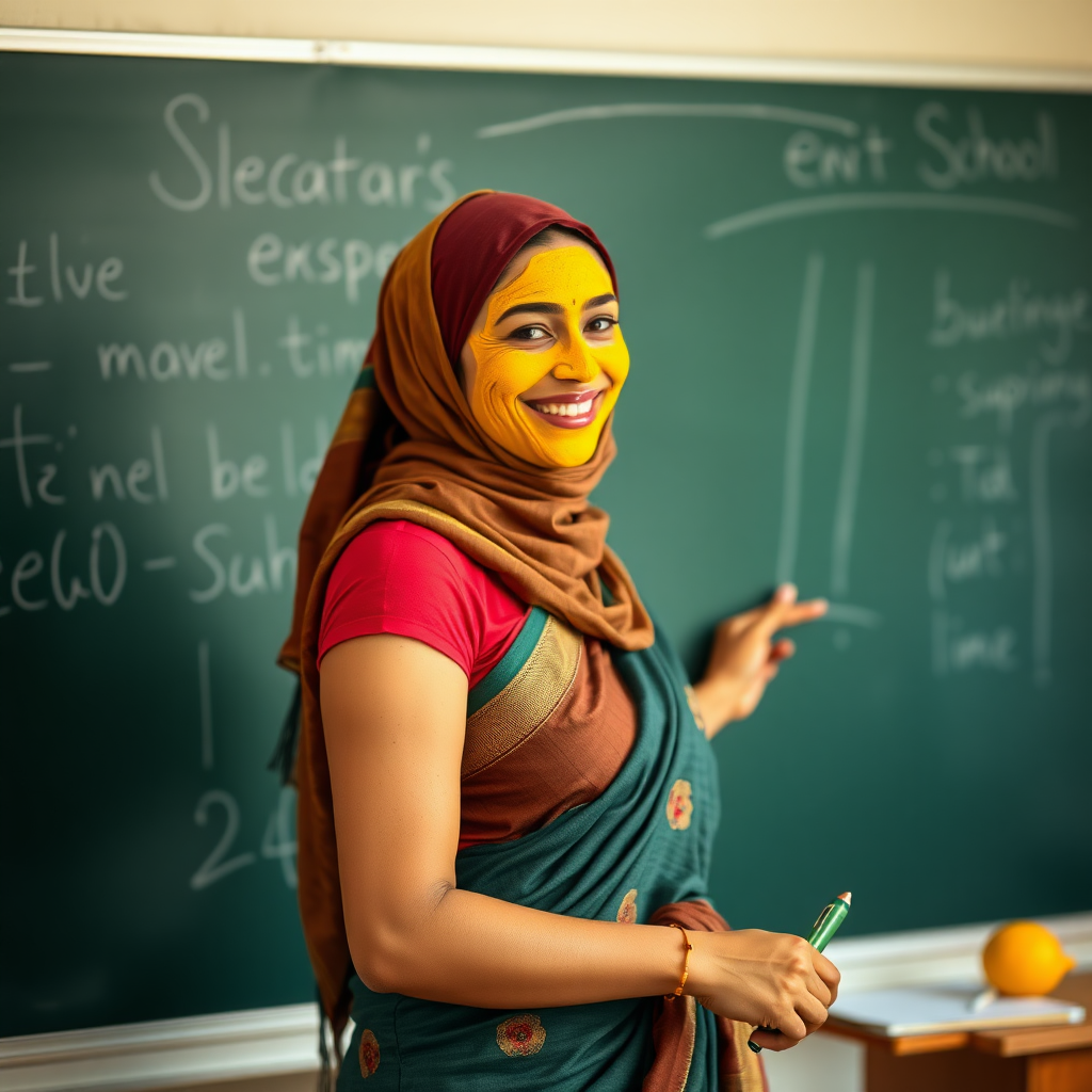 slim, 30 year old, sexy, french female school teacher, saree, scarf head, turmeric face mask. She is smiling and teaching on a blackboard