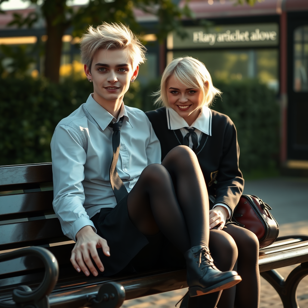 photorealistic, ultra high resolution, 16K, surreal fantasy, soft studio lighting, a pretty 18 year old goth male, slim male physique, short blonde hair, goth makeup, earrings, shiny black pantyhose, UK girls-school uniform, Mary-Jane shoes, sitting on his boyfriends lap on a bench waiting for the school bus, in daylight, excited smile, facing the camera.