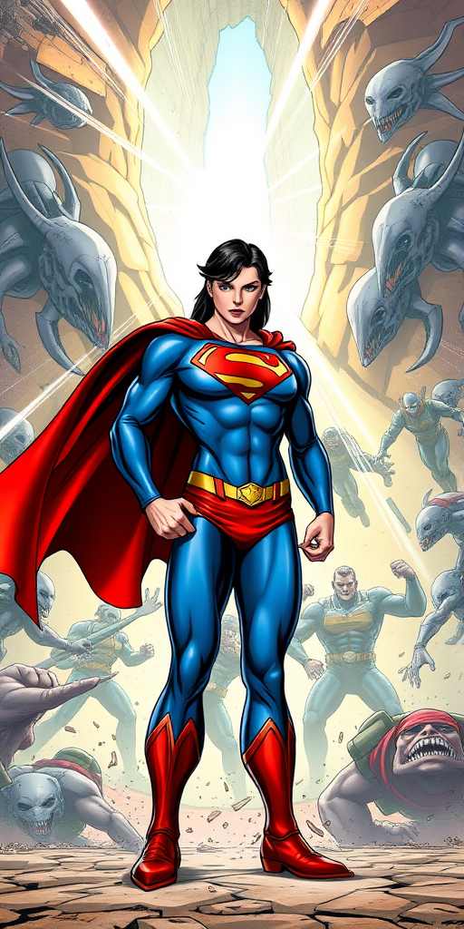 Create a full-length, highly detailed image of Superman with the body of Chun-Li, from the Street Fighter video game, standing in a dynamic battle scene. Superman, appearing surprised and bewildered, maintains his iconic red cape and "S" emblem but has Chun-Li's feminine build and blue outfit. He stands amidst an intense showdown with alien forces, the backdrop featuring a dramatic rip in the cosmic fabric of the universe. The scene should blend comic book and video game art styles, emphasizing both the chaos of battle and the character's astonishment at his transformation.