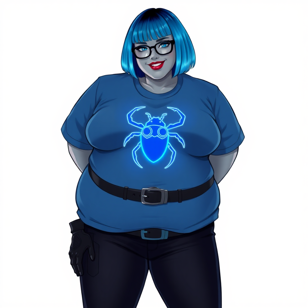 A 28-year-old, full-figured, metallic middle gray skinned computer program hybrid with a maximum blue bob cut. She has a non-athletic build, highlighted by a prominent, round, large midsection (with emphasis on her belly). As a digital sidekick, computer hacker, and nerdy girlfriend to her cyberpunk vigilante boyfriend, her middle gray metallic skin and maximum blue lipstick emphasize her digital nature. She wears a huge, tight-fitting, maximum blue t-shirt (accentuating her large belly) with a neon blue glowing chest icon of a beetle, black pants, a black belt with a sapphire scarab buckle, and black gloves. Her bright blue eyes, black eyeglasses, and lovestruck smile with neon red blush accentuate her nerdiness. She stands bashfully with her hands behind her back, her t-shirt covering her midsection (especially her large belly) and emphasizing her full-figured, non-athletic physique. She is on a solid white background. She is drawn as if she was in a retro 2D cyberpunk fighting game. She is clearly non-athletic, with a focus on her full-figured physique. Ensure her t-shirt covers her midsection (especially her large belly).