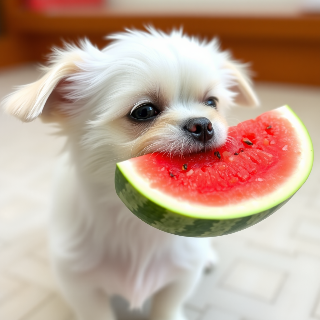 A small dog is eating watermelon, and it's a white little dog.