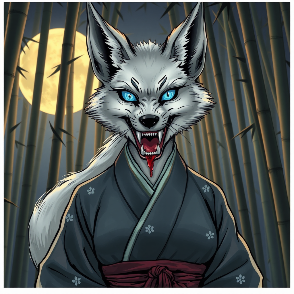 comic style eerie-looking kitsune-silverfox with blue eyes in a ancient female Korean big breasted hanbok with baring teeth with blood on the fox teeth, in front of the full moon in a bamboo forest