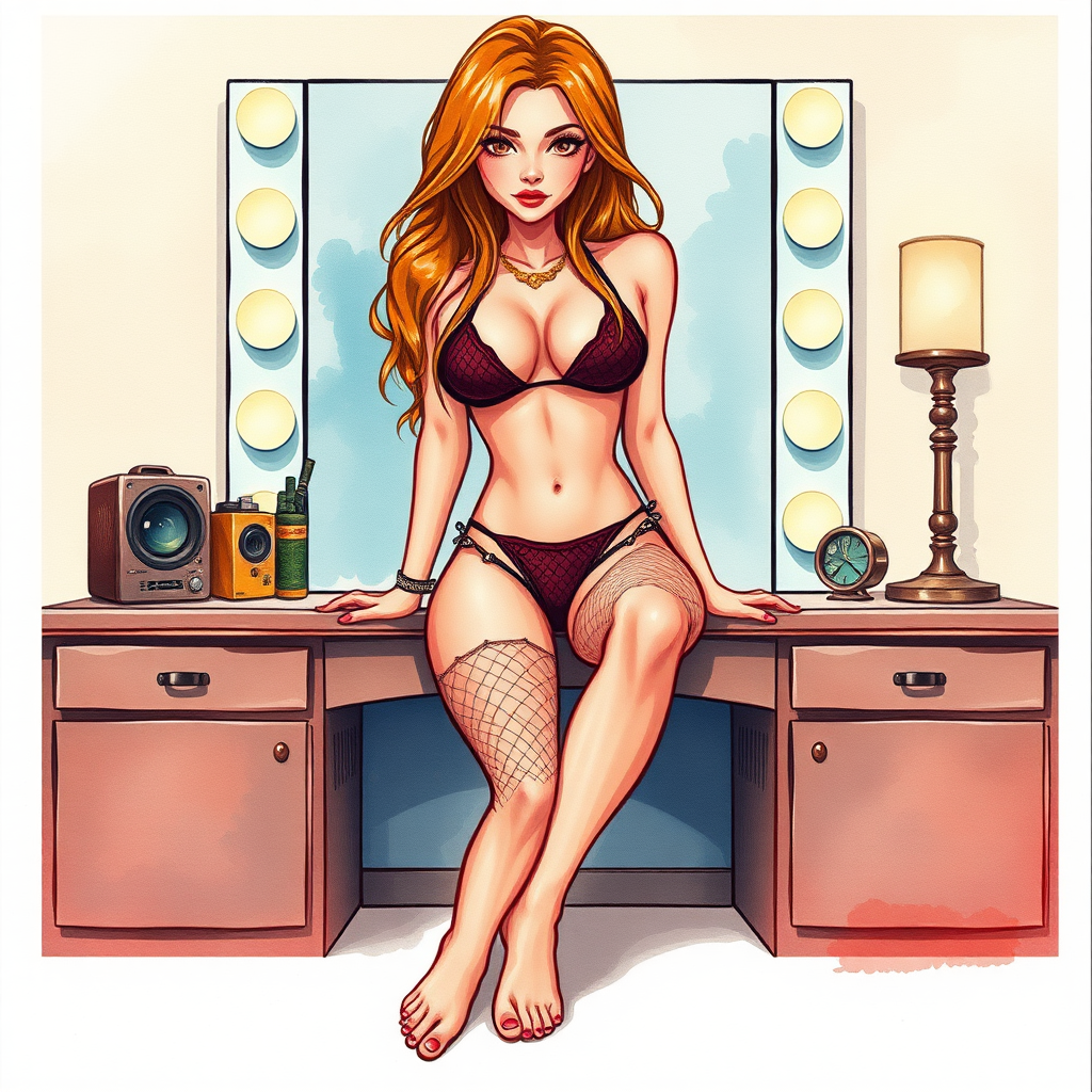 old polaroid photo of digital watercolor painting illustration with realistic paper texture, depicting western cartoon style sexy cartoon girl in revealing micro mesh bikini gstring thong sitting on built in vanity with her legs open