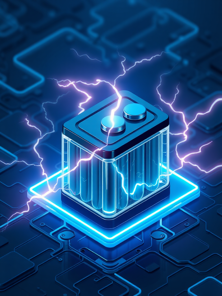 Create an image with precise expression using realistic 3D lettering, express a secondary battery cell, create an isometric view, draw the Tesla phenomenon (lightning) occurring in the battery, and express the background in a cybernetic and luxurious dark blue.