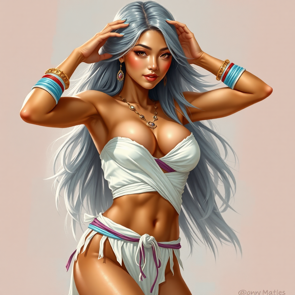 Girl, toned and muscular and has abs. silvery flowing hair. Her fingers and toenails are painted sky-blue. Her attire consists of a white primitive scant revealing two-piece bikini-like outfit with pale red, sky-blue, gold and purple bands on her neck, arms, wrists, shins, and ankles. Tan skin. Asian face. Tilted Sexy exaggerated pose. Hands on head, exposing armpits. fantasy painting high contrast, well-drawn, highly detailed, and beautiful rendering.