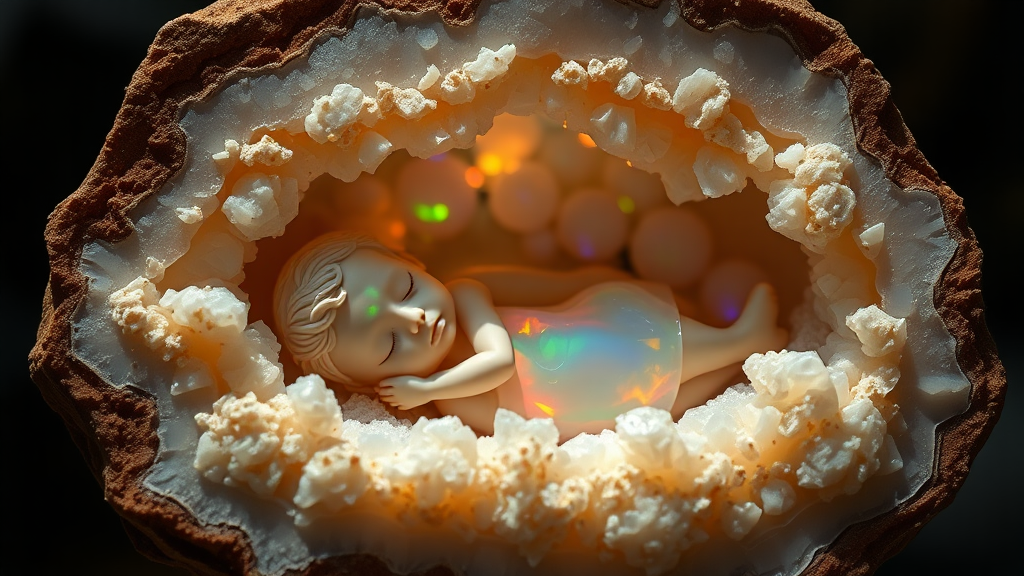 porcelain doll made of opal sleeping in a geode, high quality photo, intricate environment, ultra-detailed, impressionistic, dynamic composition, artistic photograph, geode, alabaster, fractal, brilliant colors, glittering, sunlight, illumination, transparency, translucent, opal