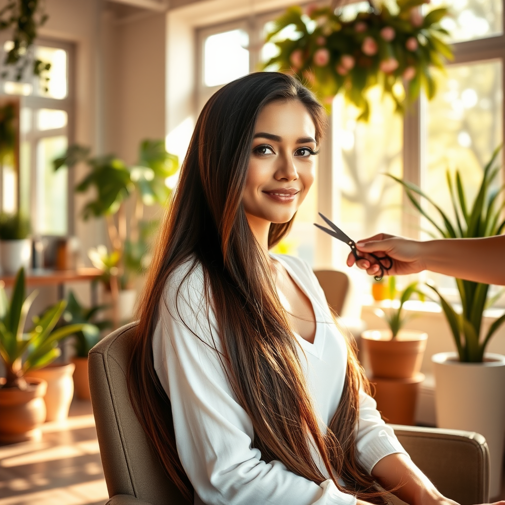 In a bright and airy salon adorned with potted plants and large windows allowing streams of warm sunlight to filter in, a stunning woman with exceptionally long, lustrous hair sits gracefully in a plush, ergonomic chair. Her silky locks cascade down her back like a waterfall of dark chocolate, shimmering with hints of auburn as the light dances upon them. As she prepares for a haircut, her expression blends anticipation with slight nervousness, a delicate smile playing on her lips.

The stylist, an energetic individual with a keen eye, approaches with a pair of scissors that glint under the soft lighting. The sound of gentle chatter and the faint hum of hairdryers create a lively backdrop, blending seamlessly with the subtle scent of lavender from the air fresheners. As the stylist carefully sections her hair, there’s a palpable mix of excitement and trepidation in the air, reflecting the transformative journey ahead.

Outside, a gentle breeze rustles the leaves of nearby trees, harmonizing with the soft music playing in the background. The atmosphere is charged with the promise of change, as the woman prepares to embrace a new chapter in her life, her stunning features framed by tendrils of hair catching the light just so.