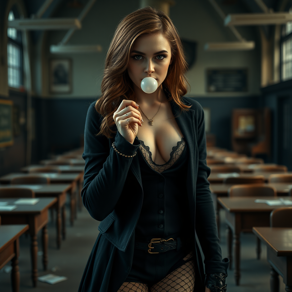 emma watson as hermione granger in goth clothes, brown hair, seductive, chewing bubble gum, black eyeliner, fishnets, high heel boots, revealing hogwarts uniform, cleavage, full body shot, erotic, teasing, dark and moody, skin details, abandoned hogwarts classroom in background, photorealistic, ultra high resolution, 16K