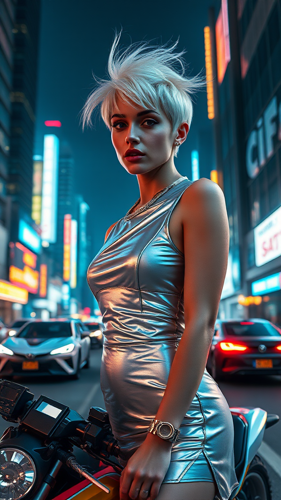 A fashion editorial close-up shot of a young woman with a short, sleek, platinum blonde haircut, standing in the middle of a futuristic metropolis at night. She wears a metallic silver dress paired with holographic accessories, reflecting the glowing neon lights of the city. The background features towering skyscrapers with futuristic signage, while flying cars zoom past in the distance. Her expression is bold and enigmatic as she stands confidently on a high-tech motorcycle, her hair catching the breeze from passing vehicles, creating a futuristic yet glamorous vibe.