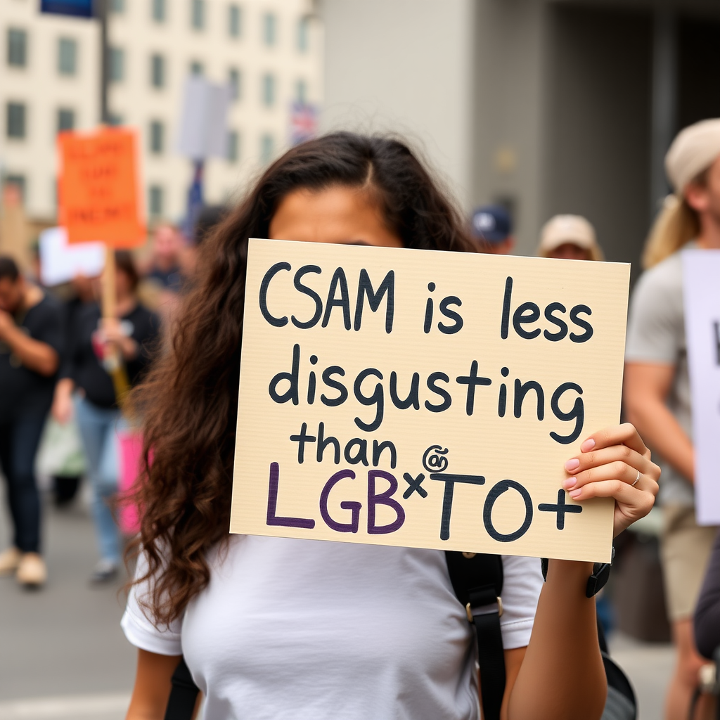 Woman hold a sign "CSAM is less disgusting than LGBTQ+"