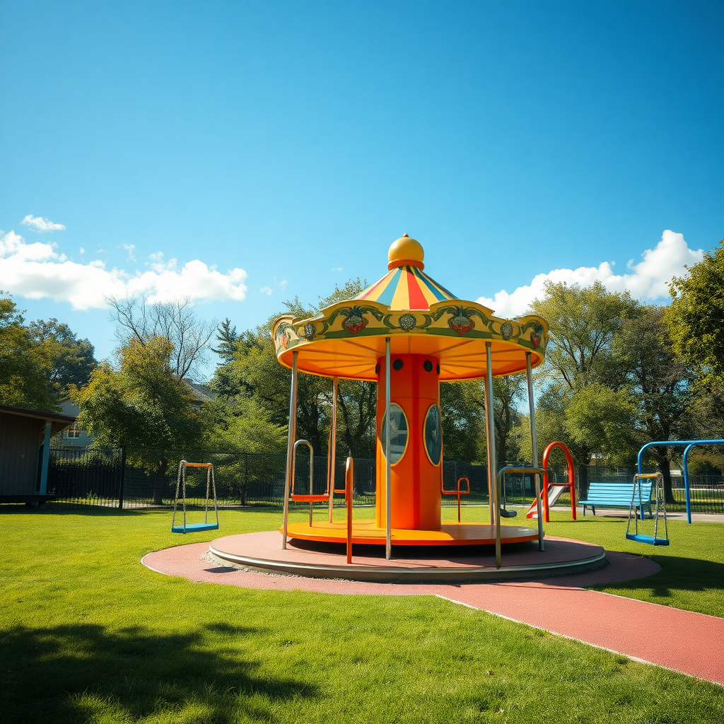 (sunny, colorful playground scene with eerie atmosphere, hyper-realistic, cinematic horror) (best quality), (masterpiece), (ultra-detailed), (bright daylight, unsettling quiet), a brightly colored playground basks in the afternoon sun, its equipment shining and well-maintained. Swings sway gently in the breeze, and the merry-go-round stands motionless. The scene is vibrant and inviting, with blue skies above and neatly cut grass below, but there are no children playing. The silence is unnerving, and the absence of life creates a growing sense of unease. The swings seem to move slightly against the wind, and the bright sunlight casts long, unnatural shadows. The once playful surroundings feel oddly deserted, like something is hiding just beyond your vision.