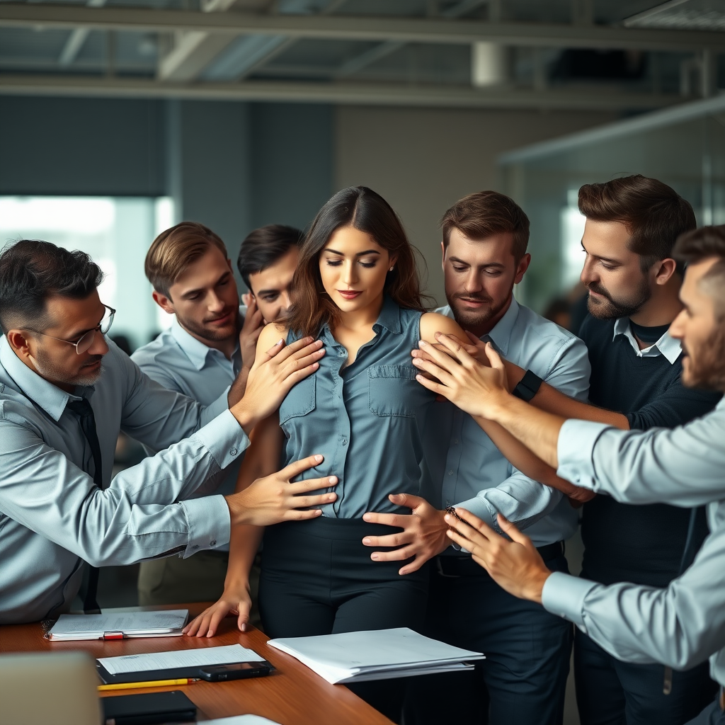 a woman in the office, her many male colleagues are surrounding her, touching her all over her body