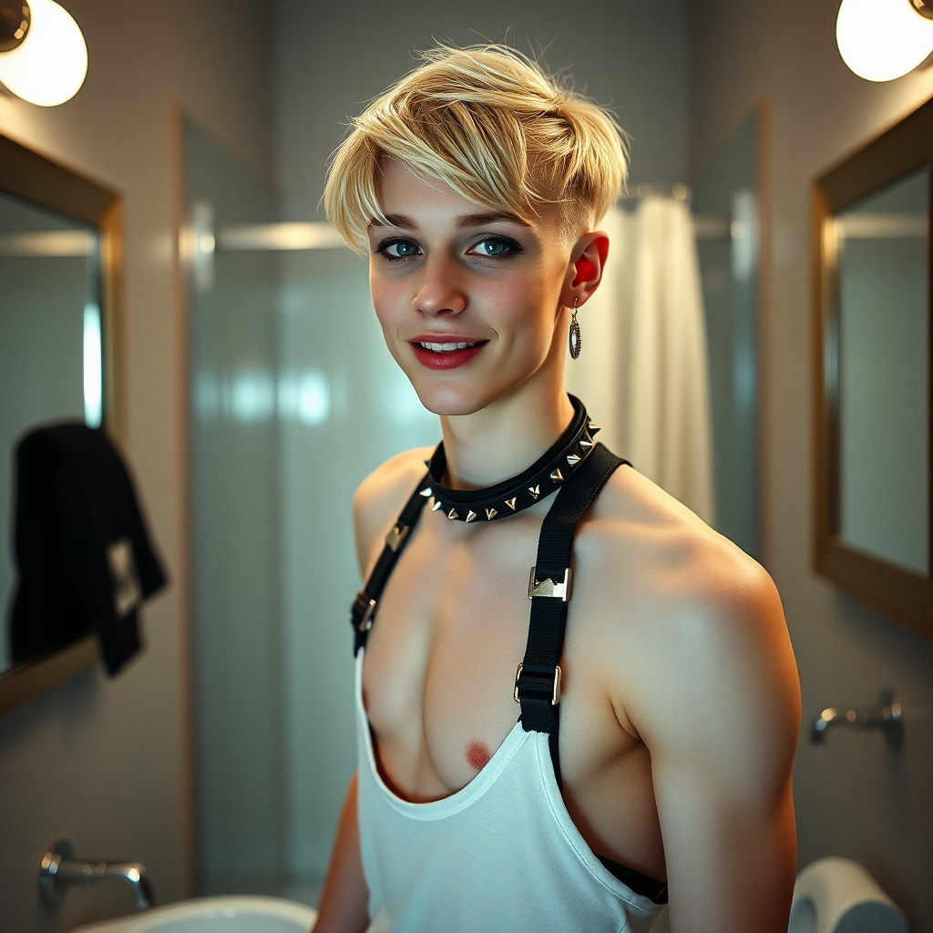 photorealistic, ultra high resolution, 16K, surreal fantasy, studio lighting, a pretty 16 year old goth boy, slim male physique, short blonde hair, goth makeup, earrings, pantyhose, harness, spikey dog collar and leash, trainer-bra, white ballet shoes, in the bathroom, excited smile, facing the camera.