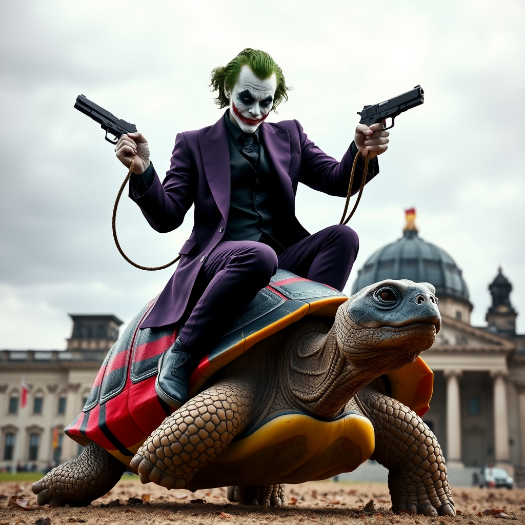 A photorealistic image of the Joker, wearing a dark purple suit with a black shirt, riding on the back of a large turtle. The Joker holds the reins of a bridle in his right hand, while in his left hand he holds a pistol. The turtle's shell is painted in the colors of the German flag (black, red, and yellow). In the background, the German Bundestag building can be seen, with its recognizable dome and grand architecture under a cloudy sky. The scene combines a surreal and whimsical mood with a hint of menace in Joker's expression.