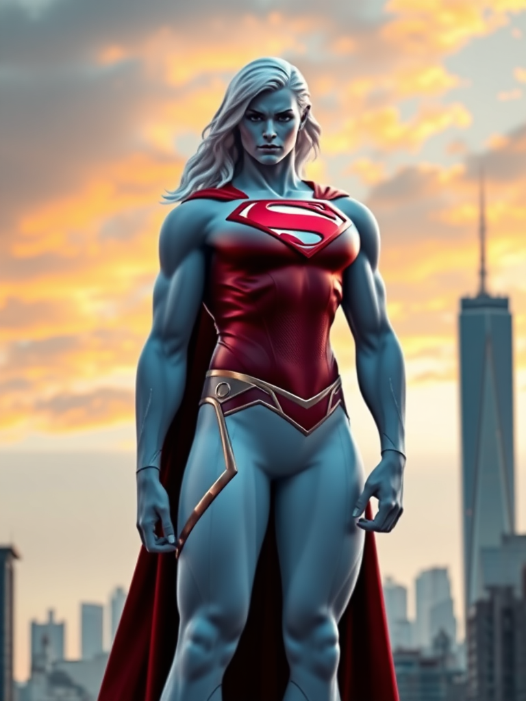 Generate a full-length photorealistic render of Superman with Emma Frost's body type. Maintain Superman's head and match the body silhouette to Emma Frost's physique. Set the background as the Metropolis skyline during the day. Render should be photorealistic.