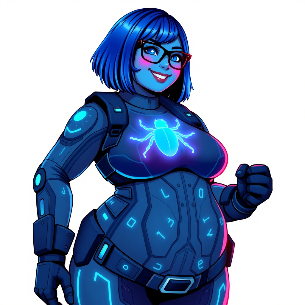 A full-figured 29-year-old computer science major, now transformed into a full-figured, maximum blue skinned nerdy digital sidekick for a cyberpunk vigilante, with maximum blue skin. Her bob cut seamlessly blends with her skin, forming part of her data, and her neon blue eyes glow intensely. Her full figure is defined by a prominent, round, wrecking ball-sized midsection, sequoia-sized limbs, and broad shoulders. As a loyal and supportive sidekick, she plays a crucial role in their missions, using her digital skills to assist and protect.

She wears a digital, computerized biker suit that blend with her hair and skin (appearing to merge together as computer data), featuring a maximum blue coloration and a neon blue glowing beetle chest icon, along with matching high-tech gloves. She bashfully giggles with a neon red blush, emitting neon blue data cubes from her body, set against a solid white background. Heavily pampered by her doting boyfriend, her full figure clearly shows this care. She has the ability to hack into computers and machines, and her nerdiness is blatantly obvious with her black oversized eyeglasses. Her full figure (especially her wrecking ball-sized midsection) is prominently displayed and heavily emphasized. Her outfit is influenced by DC’s Jennifer Knight Phantom Lady but remains distinct. She is drawn as if she was in a retro 2D cyberpunk fighting game. Ensure her skin tone is distinct from Inside Out's Sadness from any other character. Her proportions are bloated to emphasize her full figure.