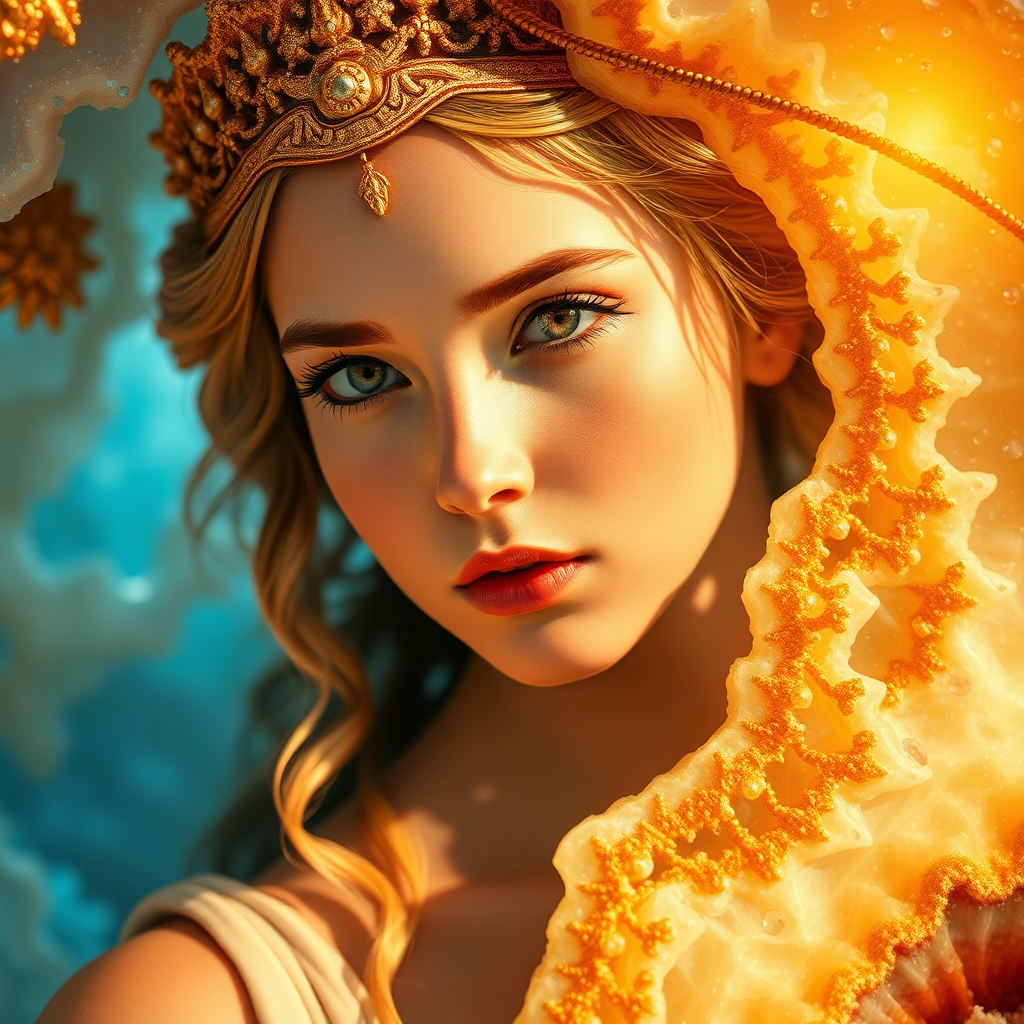 young girl, Greek goddess, high quality photo, intricate environment, ultra-detailed, impressionistic, dynamic composition, artistic photograph, geode, alabaster, gold, fractal, brilliant colors, glittering, sunlight, illumination, transparency, translucent, coral