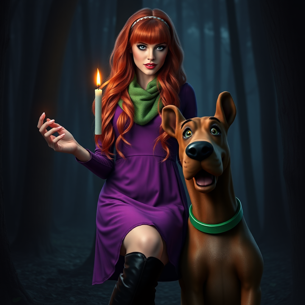 masterpiece, full body Daphne Blake, looks like Sarah Michelle Gellar, hyper realistic, realistic face, detailed face, wears headband and purple dress and green scarf, high boots, long red hair, is holding a lit up candle in the dark, next to a realistic dog that looks like Scooby Doo. She is in a very dark creepy forest. Marvelous, awesome, beautiful. Perfect hands, high detailed face, detailed skin, perfect eyes, eyeliner, large lashes, 60s look style, sexy, spicy look, scooby doo, front view, glitter