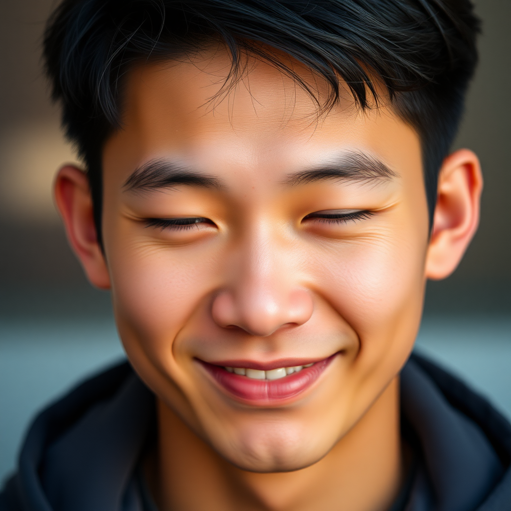 face of a young man, asian, closed-mouth smile