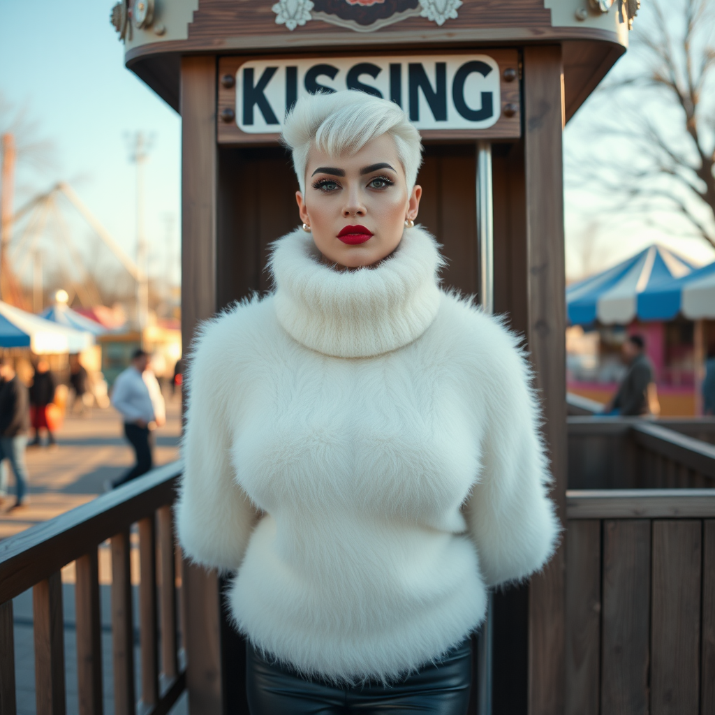 Amusement park wooden “kissing booth,” sunny spring Sunday morning. Sam, 19 years old beautiful involuntary femboy, rebellious intractable character, petite boyish figure, platinum blond boyish rebel punk hairstyle, flawless heavily made-up face with sharp arched tattooed eyebrows, wearing Supertanya-style fluffy very fuzzy bright white angora thigh-length turtleneck-poncho fully covering body and arms, silver-glitter leggings, black leather high-heeled pumps, silver earrings, both hands tied to pole behind back, standing inside kissing booth, waiting for next customer to kiss. Focus on Sam’s face and turtleneck-poncho.