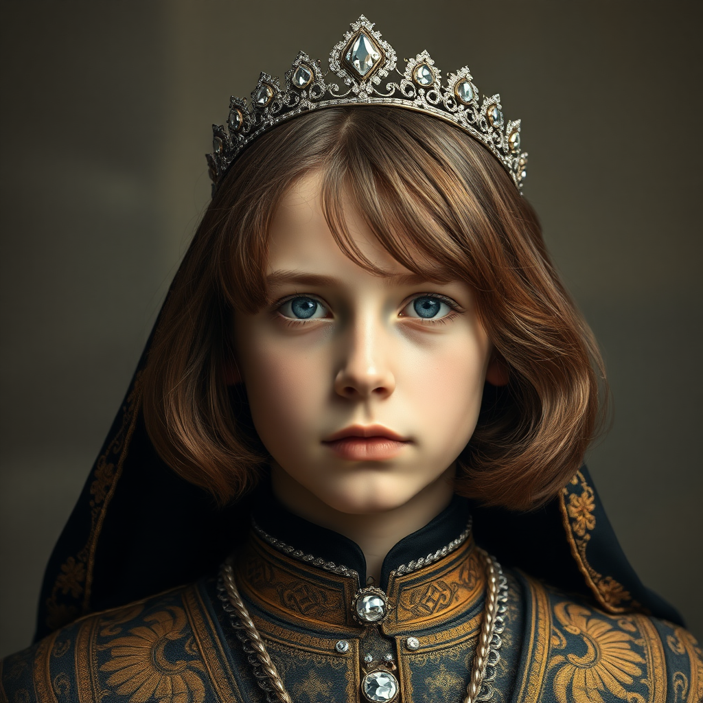 older teen boy prince, long bob cut, embroidered with gold and diamonds medieval cloths, diamond diadem. photorealistic, ultra high resolution, 16K,