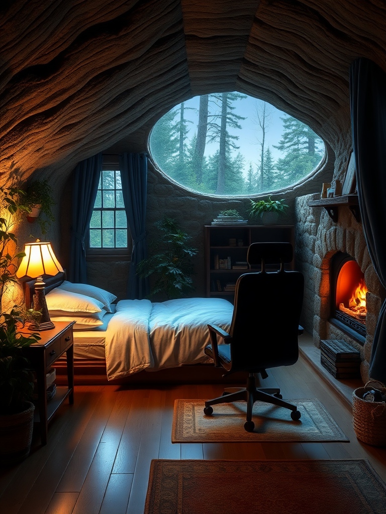 Cave Cottage: Dim lighting, wooden floor, green plants, cozy bedding, minimalist cave cottage, study desk, blue curtains, vintage table lamp, soft cushions, stone walls, exquisite decorations, sunlight streaming in, warm fireplace, brown bookshelf, white bed sheets, black computer chair, forest outside the window, starry night sky, tranquil atmosphere, fresh air, smooth tabletop, thick carpet, handmade woven basket, old map, metal handles, small alarm clock, real, reality.