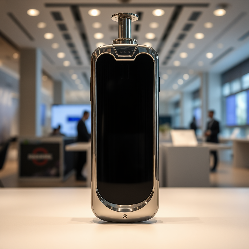 A front view mobile phone in the shape inspired by syringe, metallic futuristic, kept for sale, in showroom, metallic body, touchscreen phone with on screen