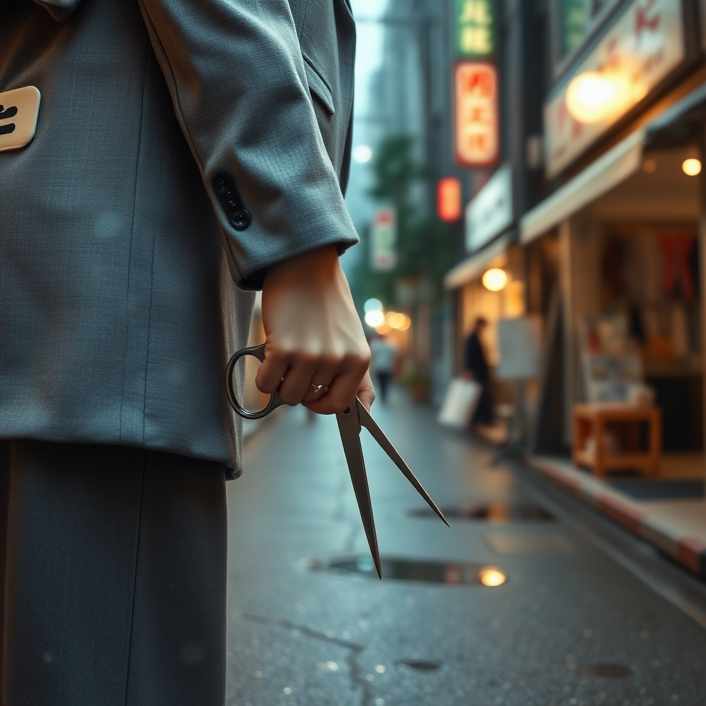 camera focuses on the lower portion of a Japanese businesswoman gripping a pair of long scissors that she holds pointed downward at her right side. She wears a grey blazer and a grey skirt and faces the camera. The lights from the shops in the alleyway glint off of the scissors. The lights from the shops in the alleyway are reflected in the rain puddles scattered on the asphalt of the ground.